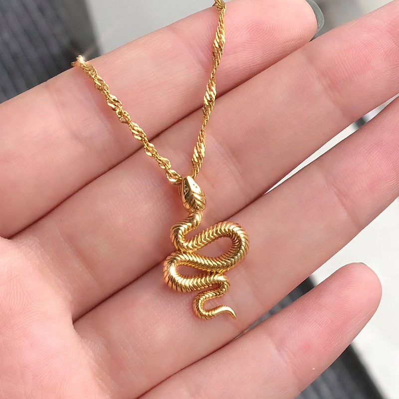Gothic Chain Necklace with Biting Snake Pendant