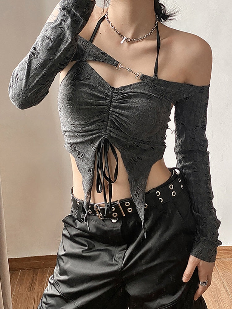 Black Gothic T-Shirt with adjustable drawstring for a unique look"
