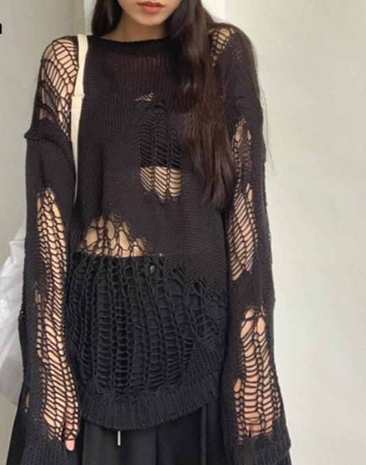 Black Gothic Sweater with cut-out design and oversized fit