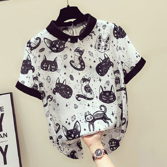 Cat Print Chiffon Top