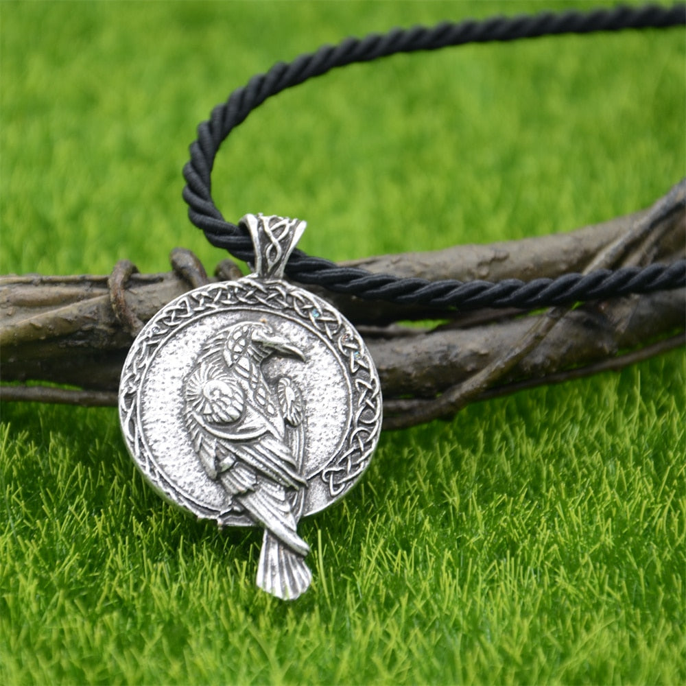 Gothic Thin Chain Necklace with Odin Raven Talisman Pendant