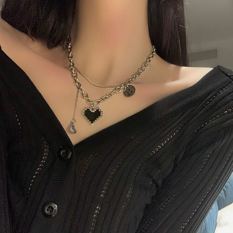 Gothic Layered Chain Necklaces with Retro Heart and Butterfly Pendants