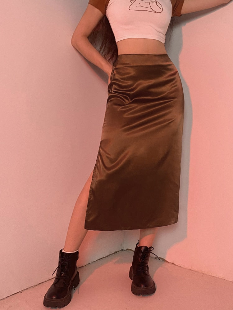 Fashionable Vintage Satin Skirt with High Waist and Elegant Side Split"