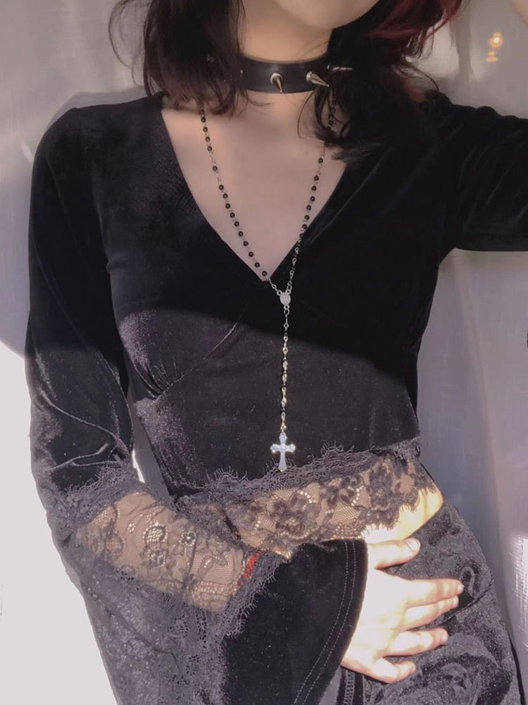 Sexy Lace Detail Long Sleeve Tee: A captivating long sleeve tee with seductive lace detailing and a flare silhouette.