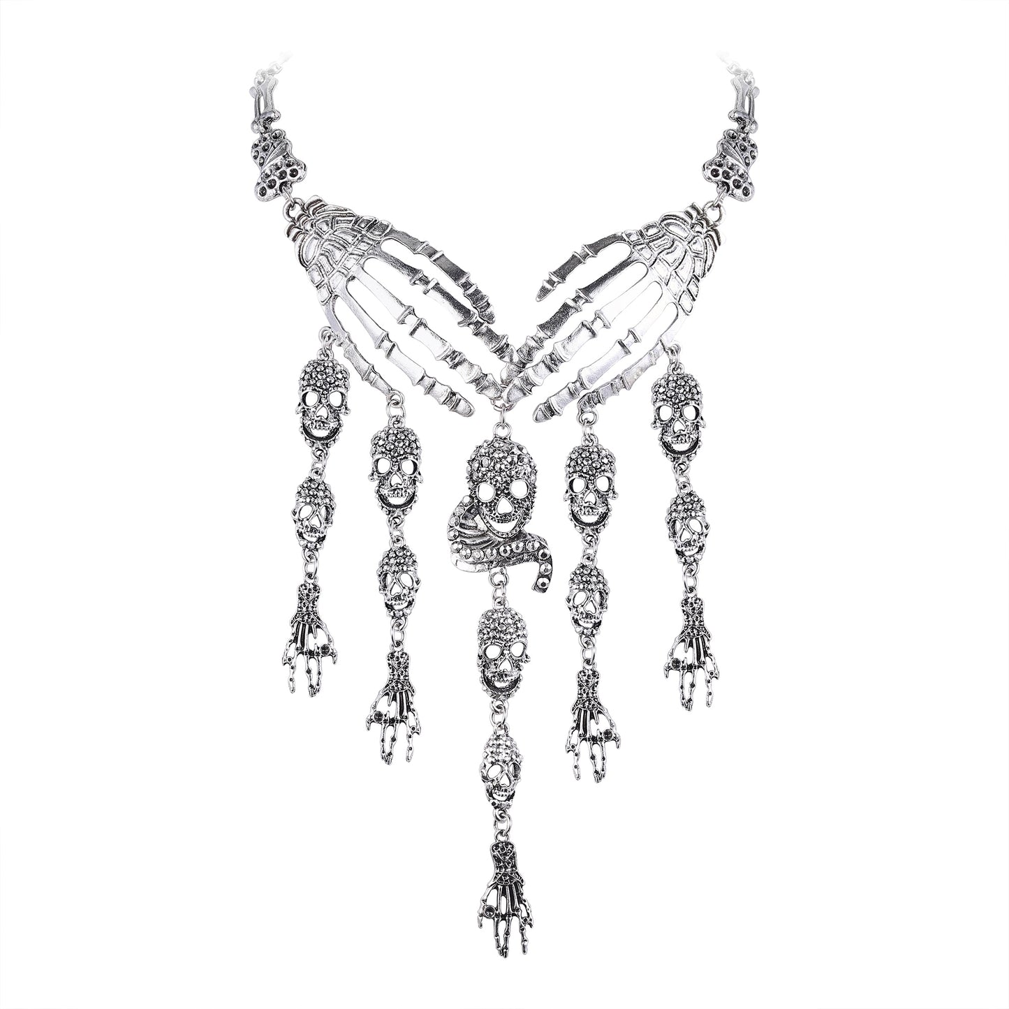 Gothic Thin Chain Necklace with Multiple Skull and Skeleton Pendant Designs