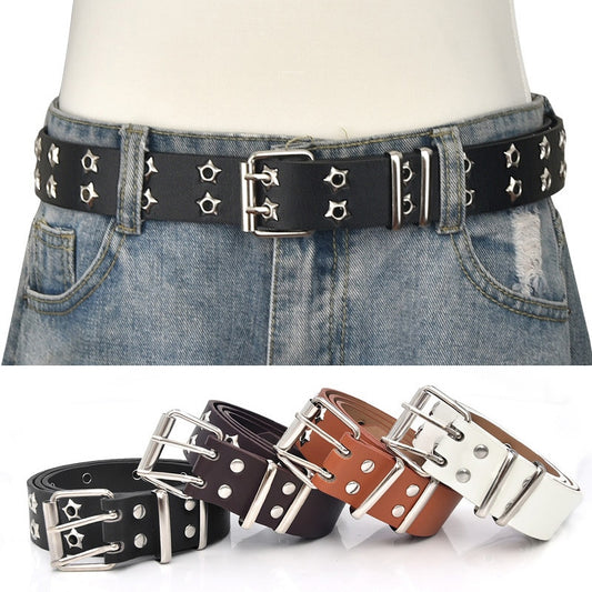 Gothic Leather Belt with Double Star Eye Rivets and Double Pin Buckle