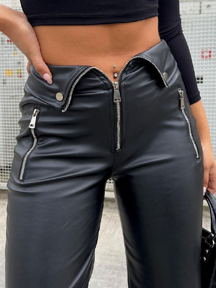 Gothic PU Leather Zip Up High Rise Pants