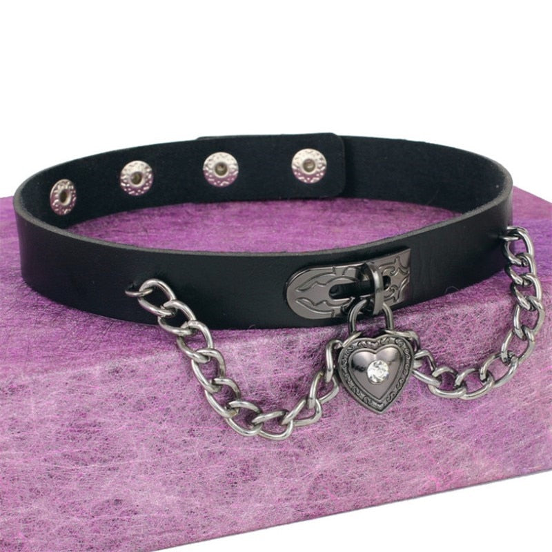Gothic Choker Necklace with Spikes, Chains and Pendants