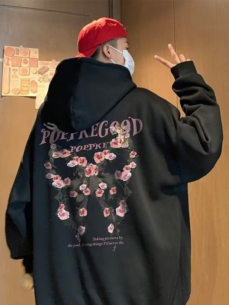 Black Gothic Rose Print Hooded Sweatshirt with intricate floral design"