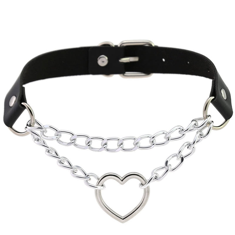 Gothic Choker Necklace with Spikes, Chains and Pendants