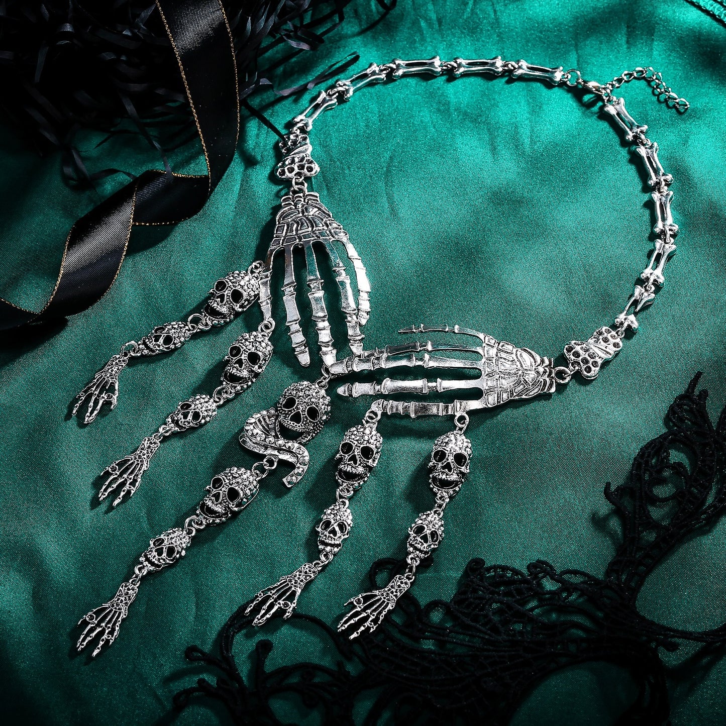 Gothic Thin Chain Necklace with Multiple Skull and Skeleton Pendant Designs