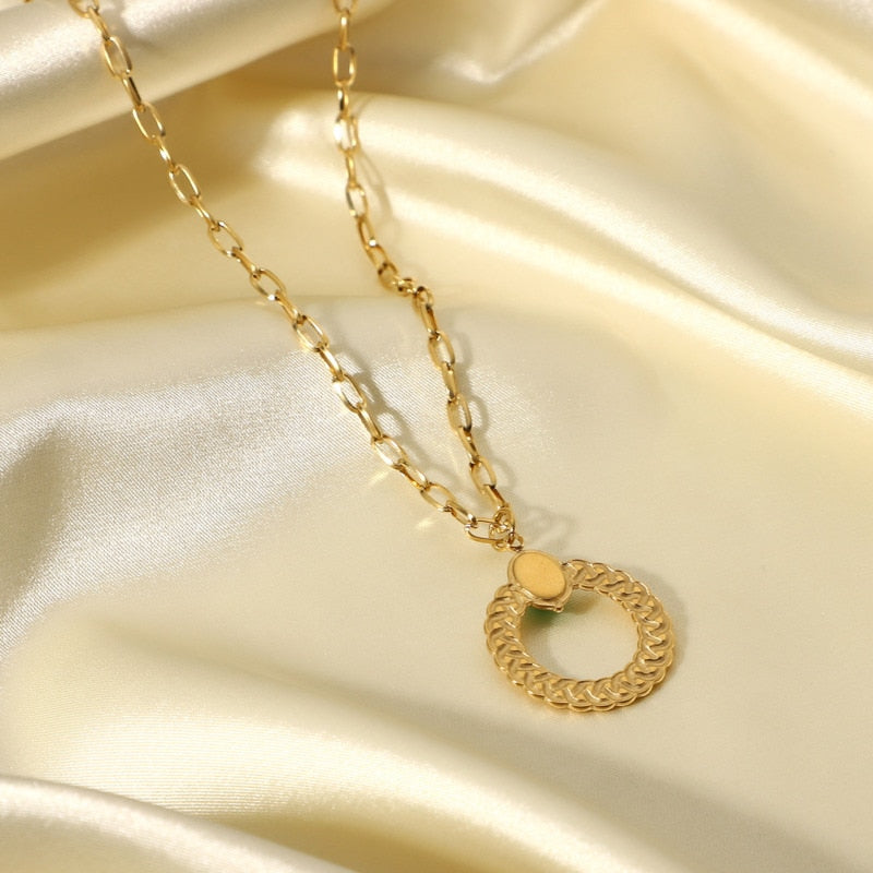 Stainless Steel Twist Green Cross Chain Necklace