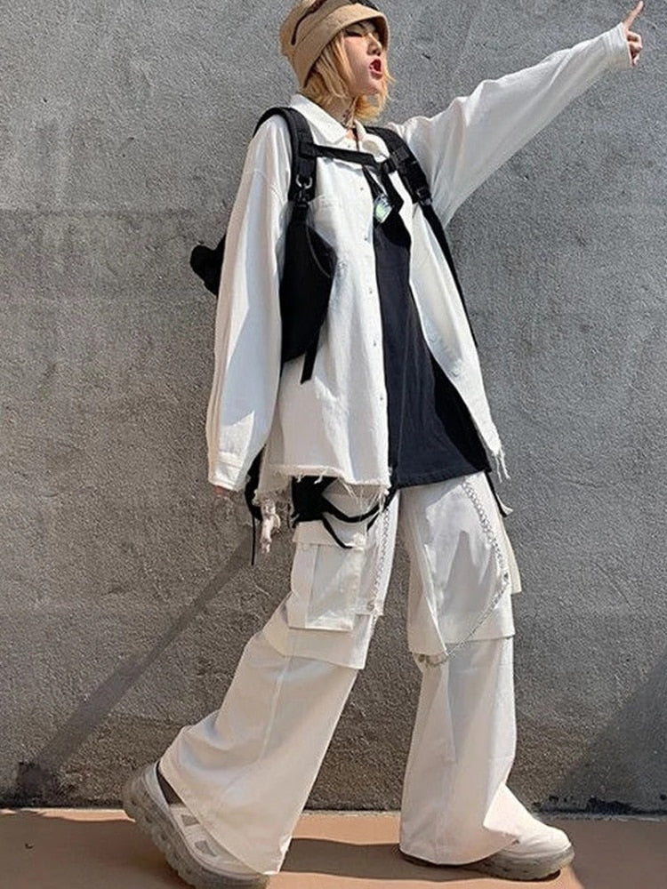 Gothic White Cargo Pants with Chain