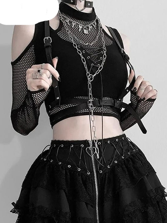 Gothic Fishnet Cut Out Halter Crop Top on a black background.