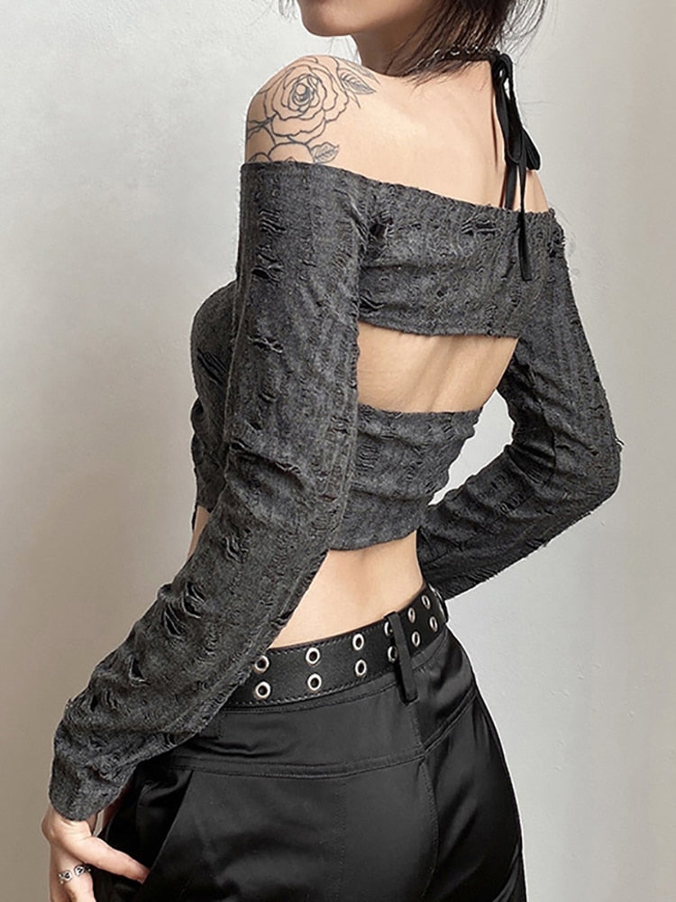 "Dark and stylish Gothic T-Shirt with drawstring neckline"