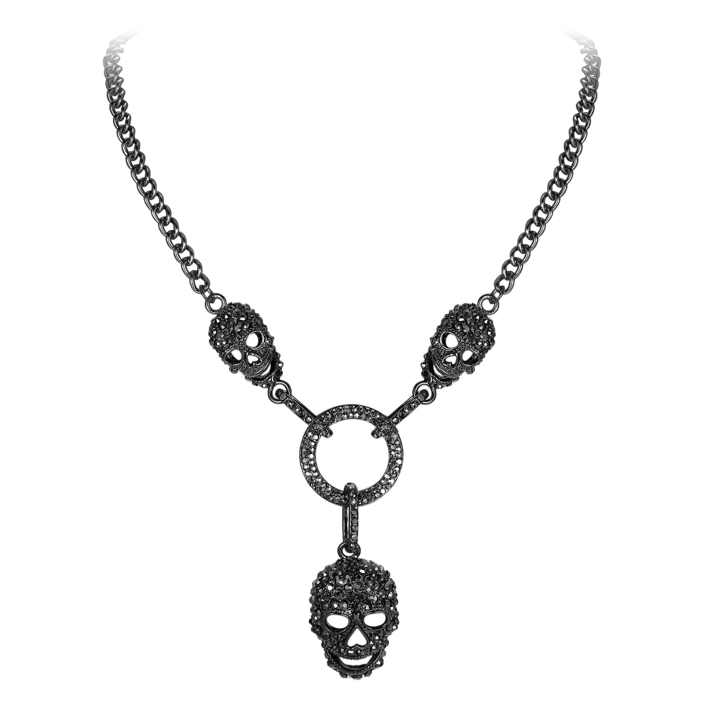 Gothic Thin Chain Necklace with Multiple Skull and Skeleton Pendant Designs