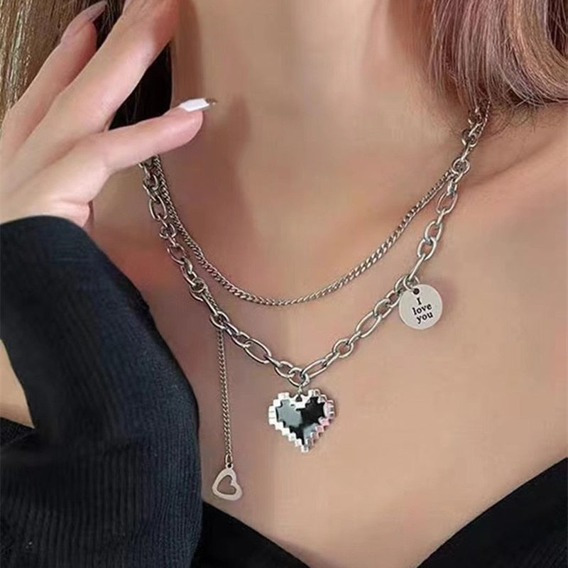 Gothic Layered Chain Necklaces with Retro Heart and Butterfly Pendants