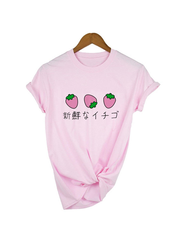 Japanese 90s Aesthetic Strawberry T-Shirt in white with cute strawberry graphic