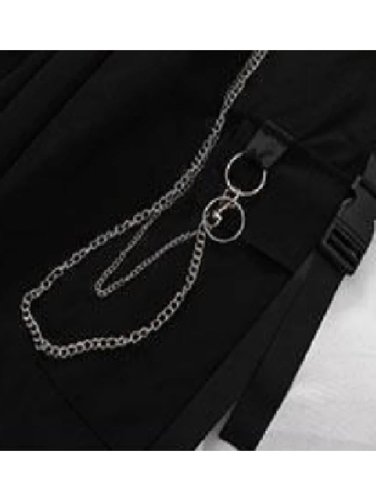 Punk Black Cargo Pants With Chain