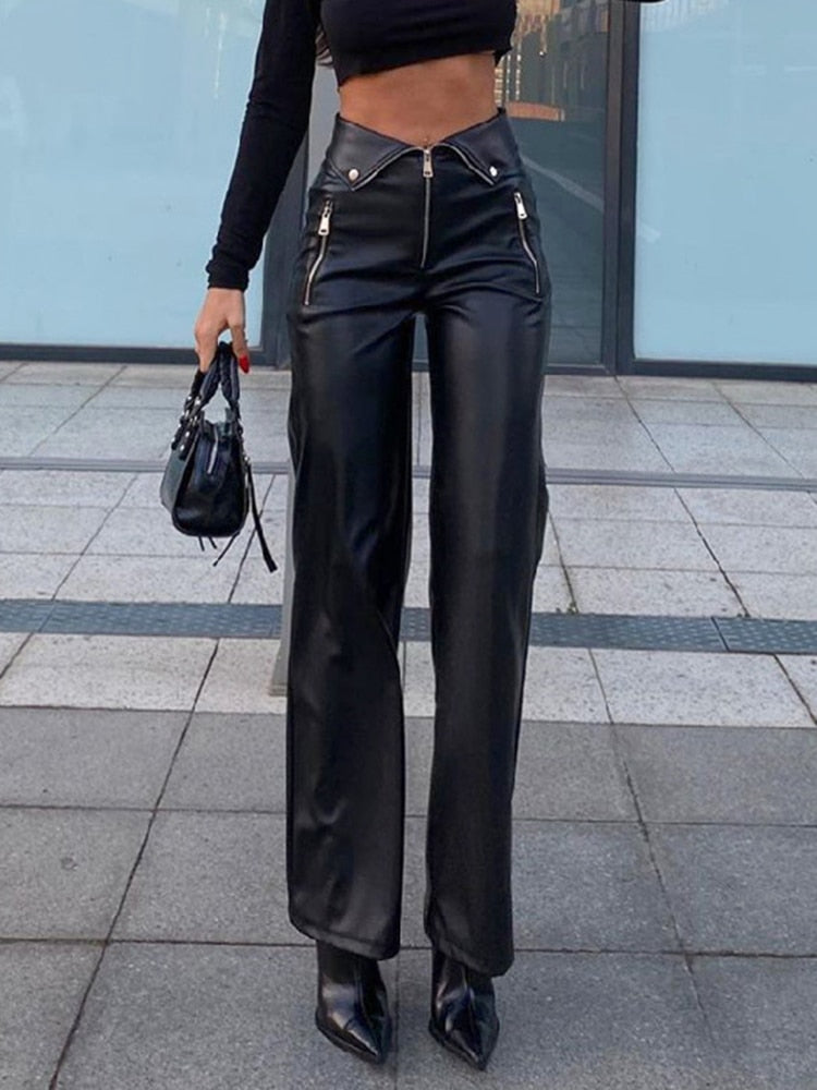 Gothic PU Leather Zip Up High Rise Pants