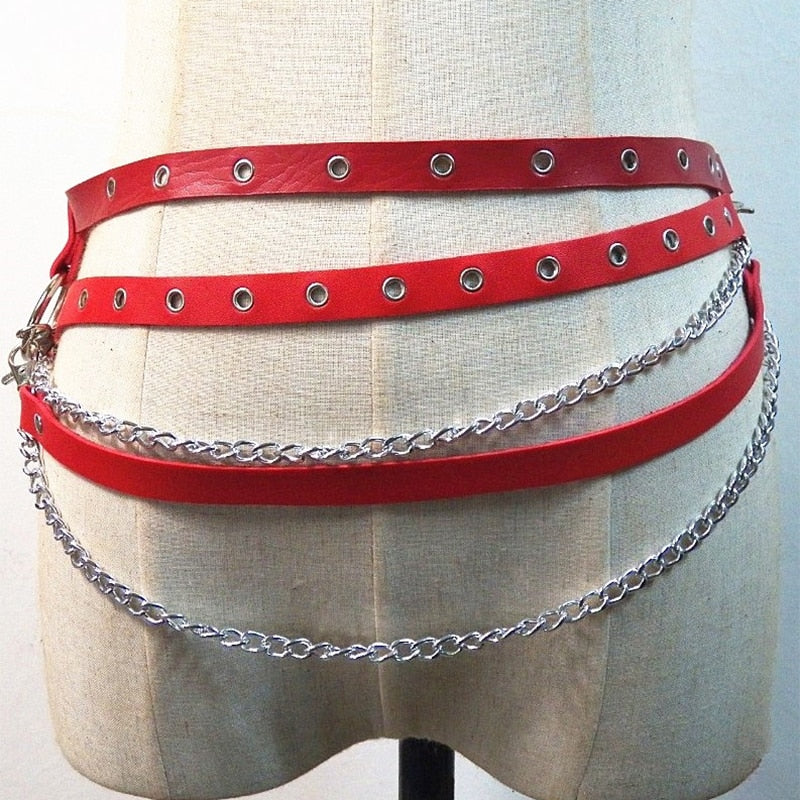 Gothic Leather Waist Belt with Layered Belly Chains