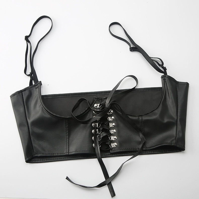 Stylish Streetwear Gothic Dark PU Leather Crop Top