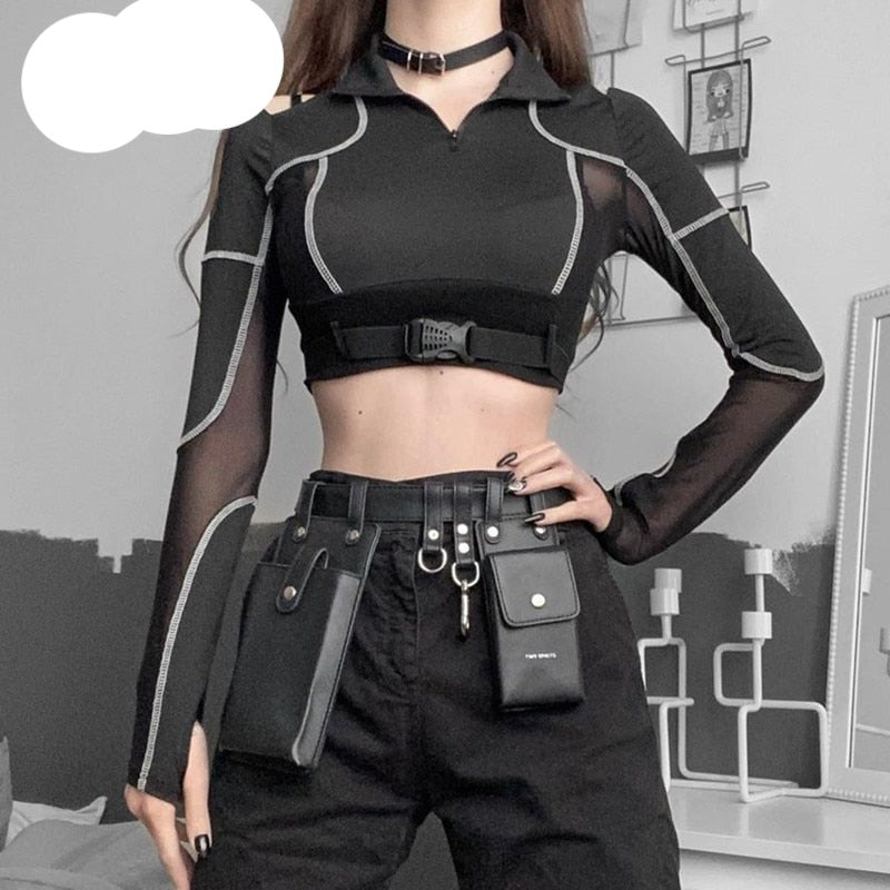 Women's Gothic Techwear Long Sleeve Hollow Out Shirt with a unique and edgy design