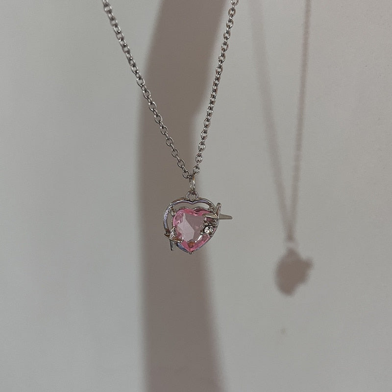 Gothic Chain Necklace with Pink Heart Drop Pendant and Earrings