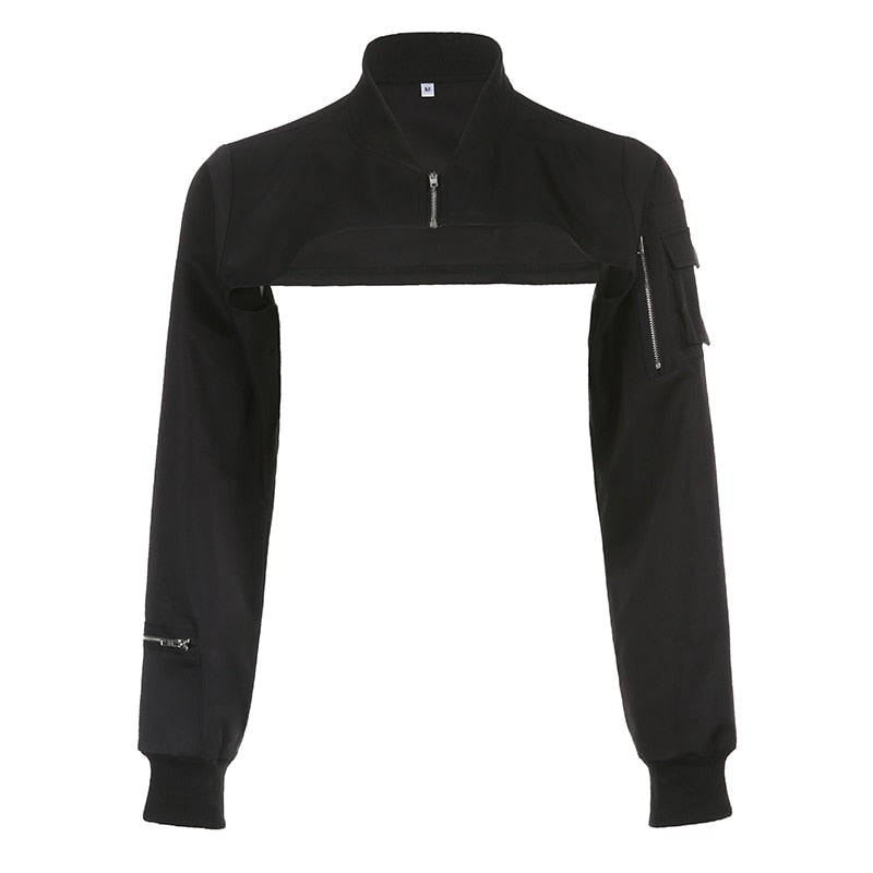Short Gothic jacket with asymmetrical front and statement metal zippers