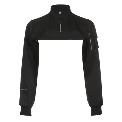 Short Gothic jacket with asymmetrical front and statement metal zippers