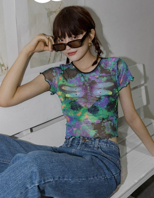 "Gothic Dragonfly Crop Top with intricate details and a dark aesthetic."