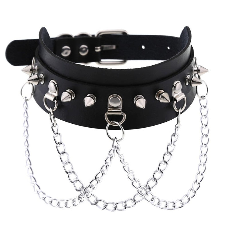 Gothic Choker Necklace with Spikes, Chains and Pendants