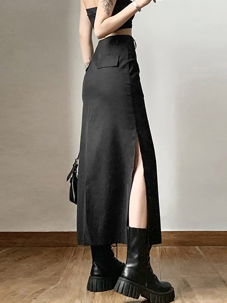 Gothic Casual Tag Split Women Midi Skirt