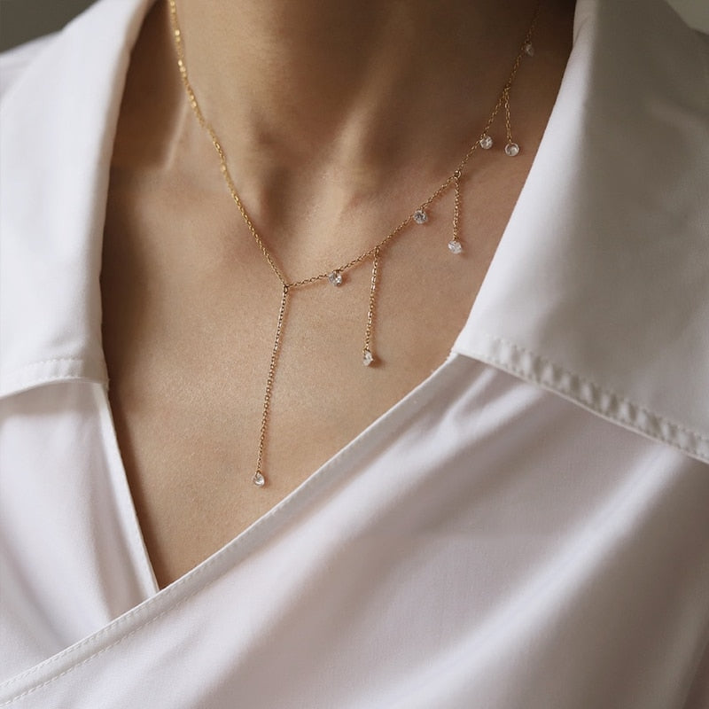 Starlight Tassel Zircon Necklace Clavicle Chain Stainless Steel Plated Gold