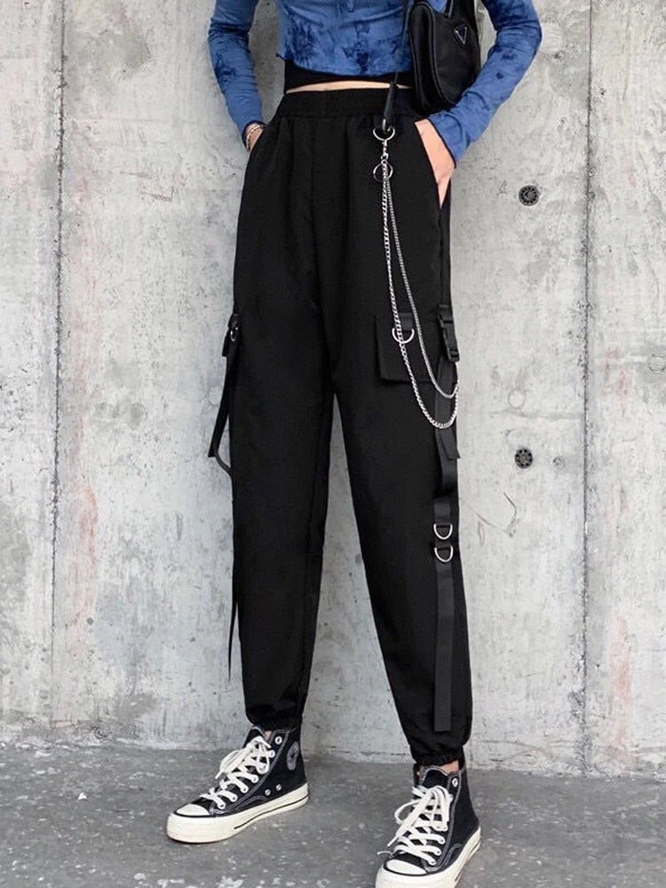 Punk Black Cargo Pants With Chain