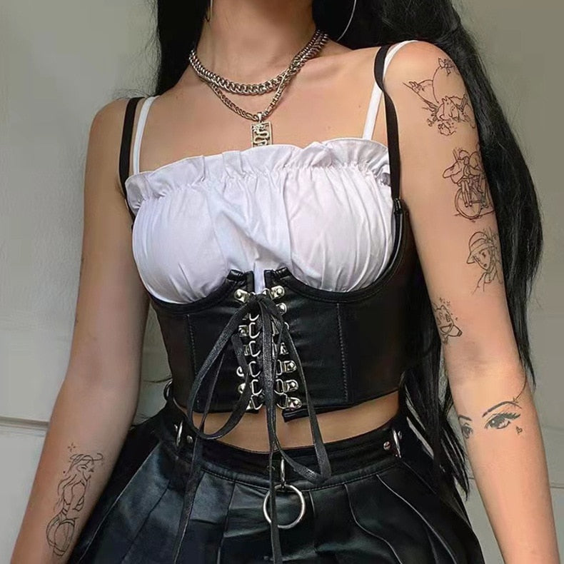 Crop Top featuring PU Leather Material with Streetwear Gothic Twist