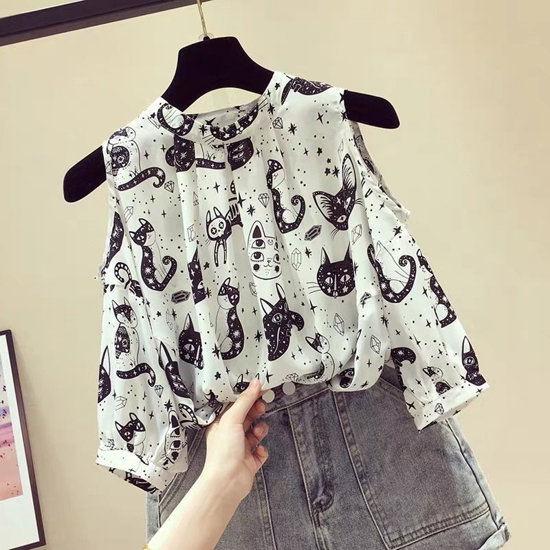 Cat Print Chiffon Top