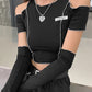 "Black Gothic crop top featuring intricate patchwork design and stylish open shoulders."