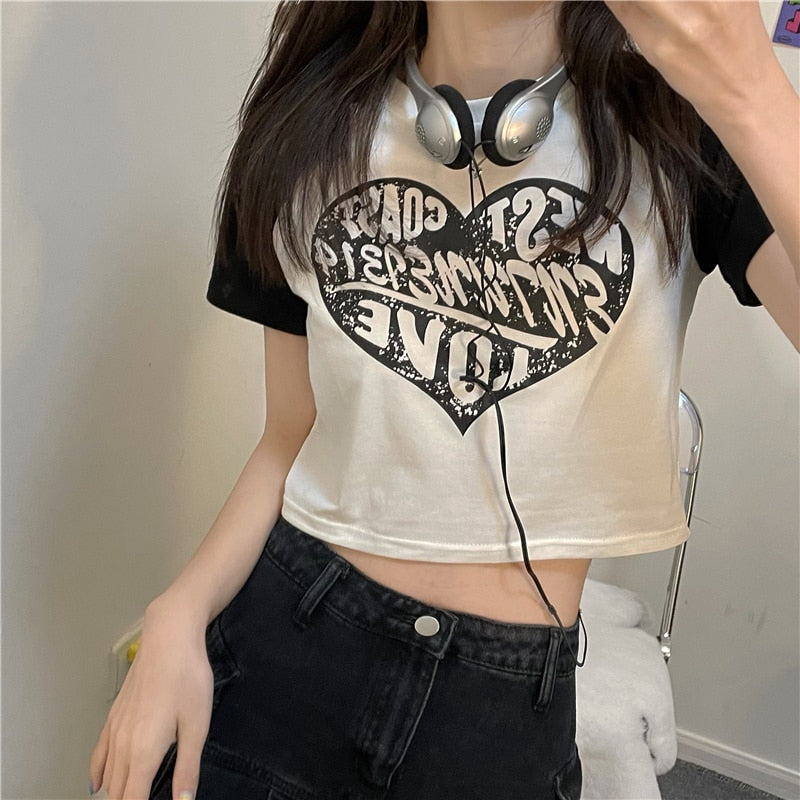 Short-sleeve crop top for women featuring edgy grunge print