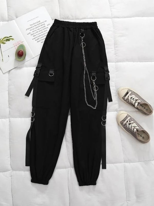 Punk Black Cargo Pants With Chain