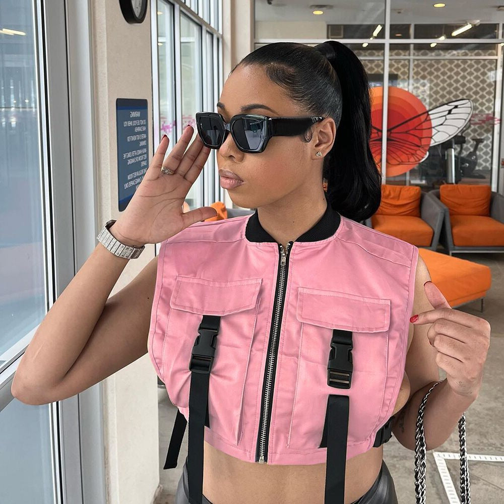 Sexy Cropped Jackets with Pockets and Zipper
