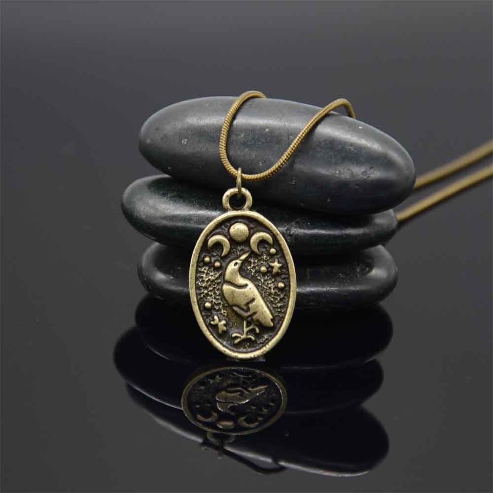 Gothic Thin Chain Necklace with Odin Raven Talisman Pendant