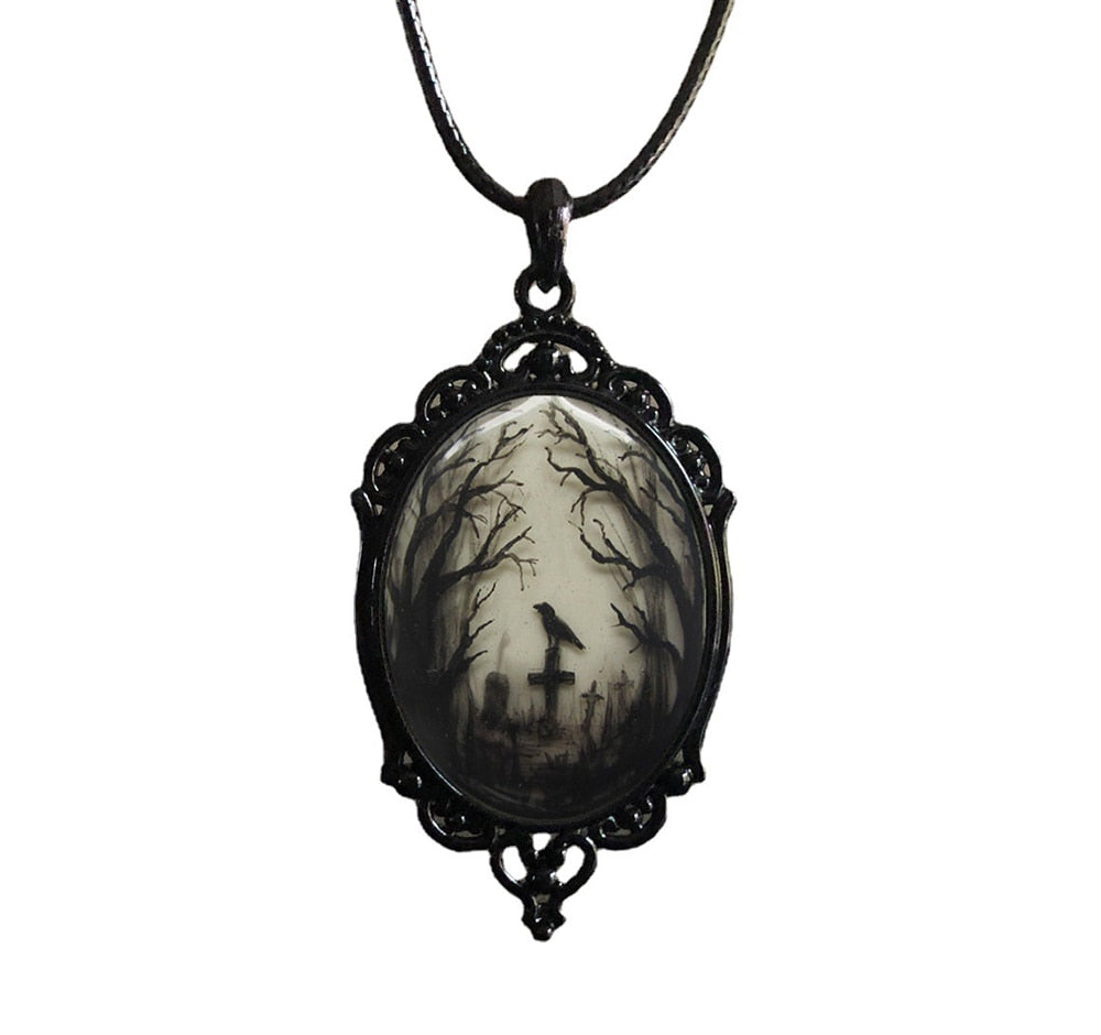 Gothic Crow Forest Charm Necklace with Cross