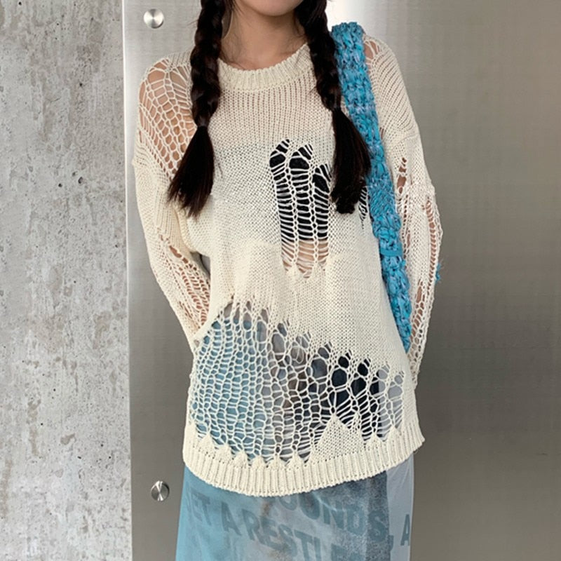 Long-sleeved Gothic Sweater featuring hollow out details and ribbed hem