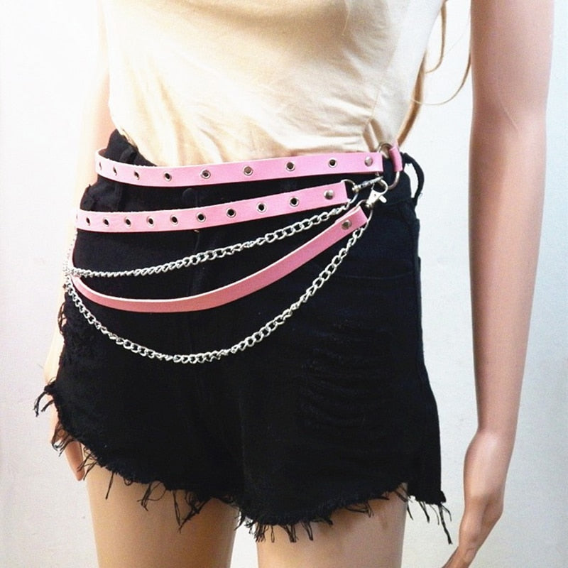Gothic Leather Waist Belt with Layered Belly Chains