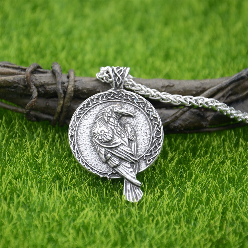 Gothic Thin Chain Necklace with Odin Raven Talisman Pendant