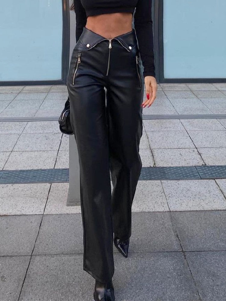 Gothic PU Leather Zip Up High Rise Pants