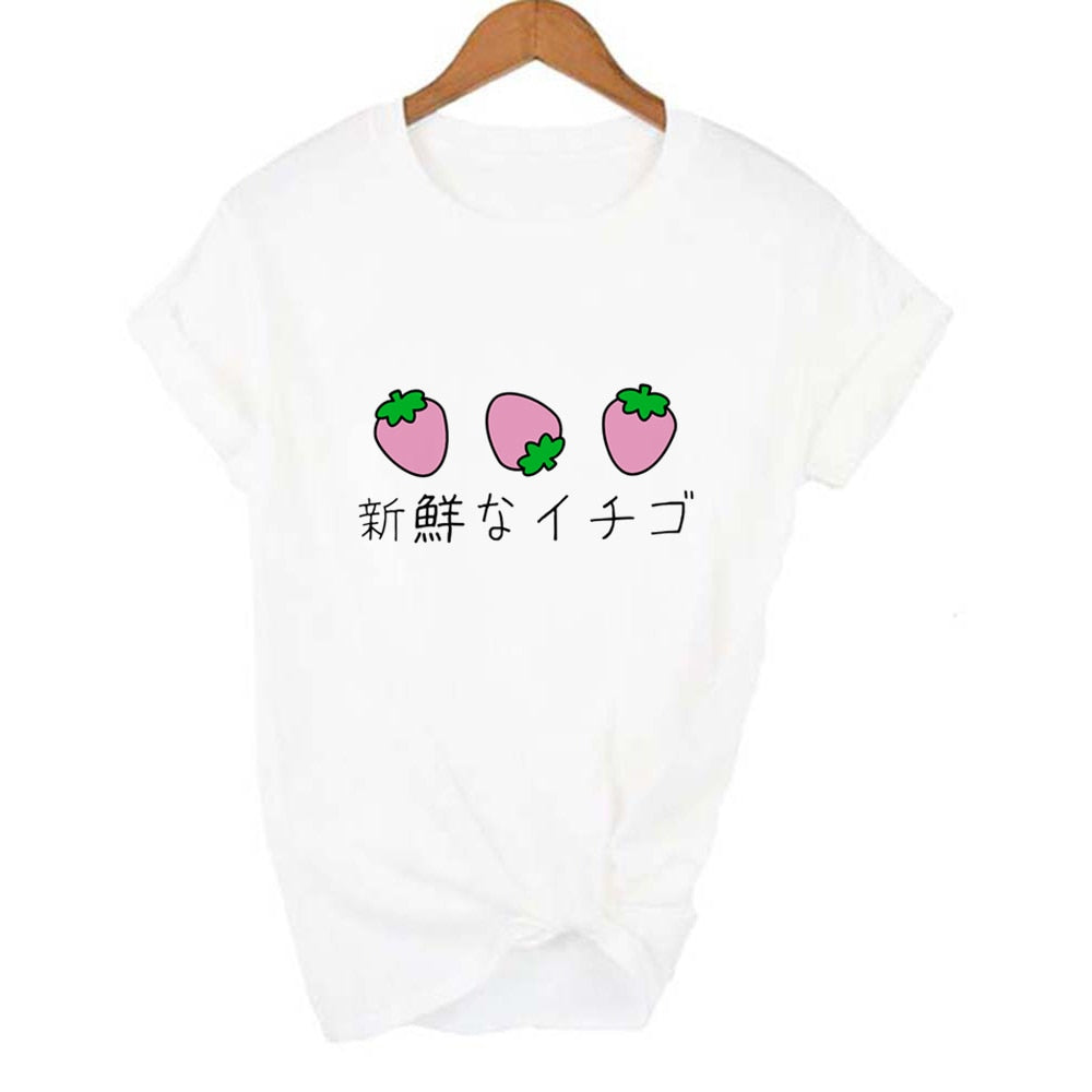 Japanese 90s Aesthetic Strawberry T-Shirt in white with cute strawberry graphic