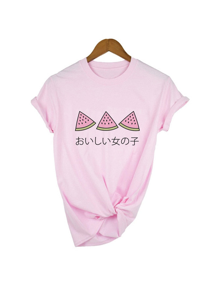 Japanese 90s Aesthetic Strawberry T-Shirt in white with cute strawberry graphic
