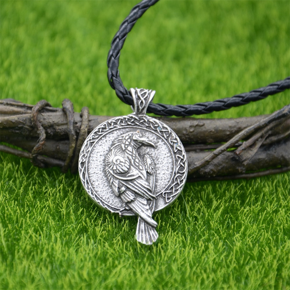 Gothic Thin Chain Necklace with Odin Raven Talisman Pendant